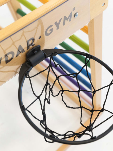 Children's basketball hoop with colorful backboard on a white background
