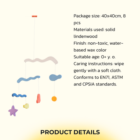 Product diagram showing colorful wavy, star and teardrop pieces for the Wave Mobile
