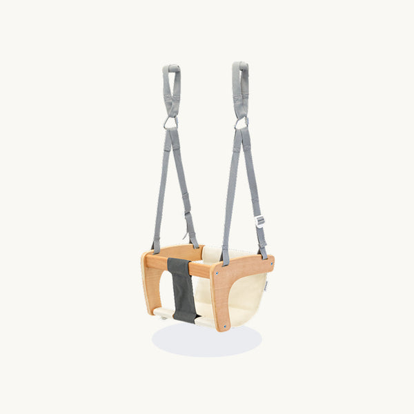 AVDAR Baby Swing with wooden frame, fabric seat and adjustable gray straps