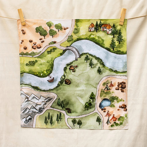 Kingdom Valley play cloth with watercolor rivers, bridge, village, forest, mountains and campsites