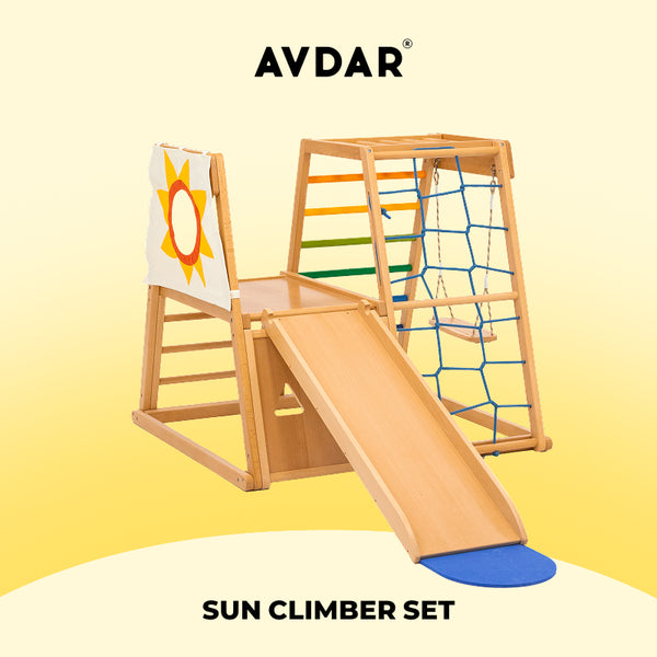 AVDAR Sun Climber Set with slide, rainbow ladder, rope net and fabric sun panel