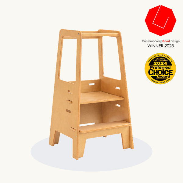 AVDAR Toddler Tower in natural wood with two steps and safety rails