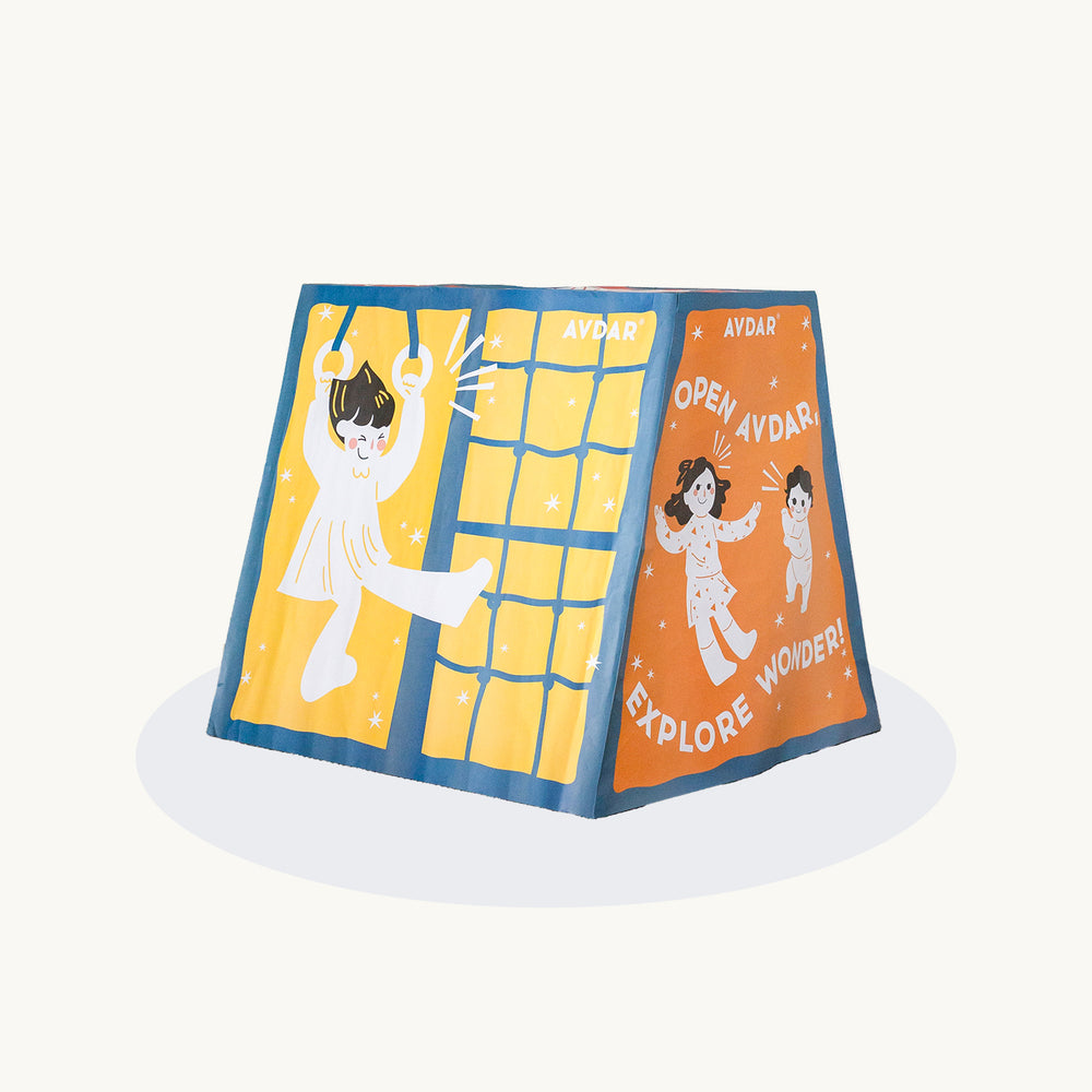 Two colorful children's posters of the tent with illustrations of a child and text on a white background.