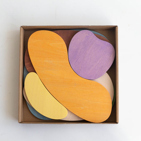 A collection of abstract shaped wooden blocks in various colors collected in a rectangular corrugated cardboard box.
