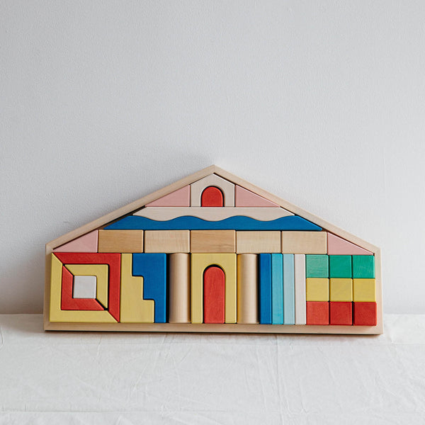 AVDAR Big Block Set arranged as a colorful wooden house inside its storage tray