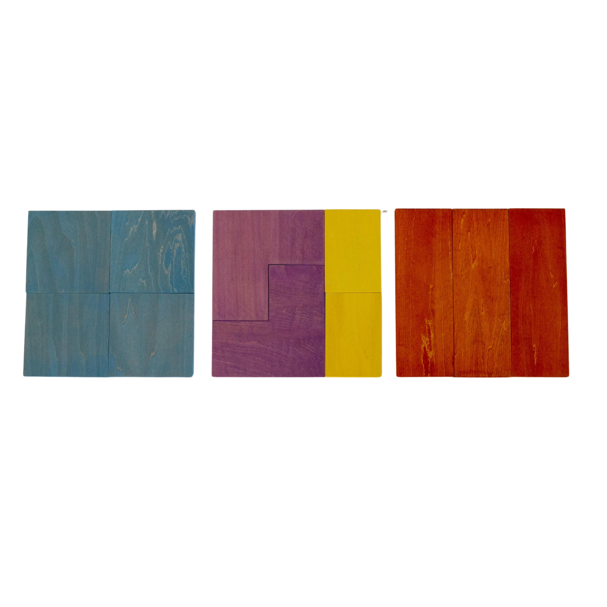 Geometrical Building Blocks in blue, purple, yellow and red rectangular wooden sets