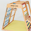 Wooden and multifunctional climber with colorful and rope ladder and slope