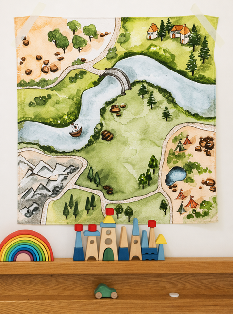 Kingdom Valley play cloth displayed on a wall above colorful wooden blocks and a rainbow