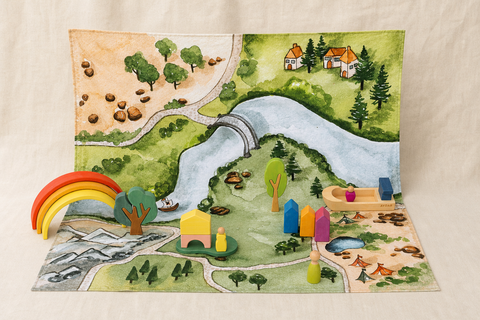 Kingdom Valley play cloth staged with wooden trees, houses, figures, a boat and a rainbow