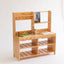 Wooden play kitchen with sinks and shelves, equipped with stainless steel  cups and painters on the light background