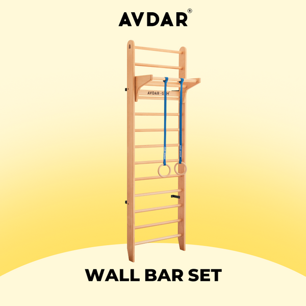 AVDAR Wall Bar Set with wooden ladder, pull-up bars and hanging gym rings