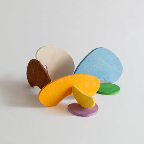 A collection of abstract shaped wooden blocks in various colors arranged on a white surface.