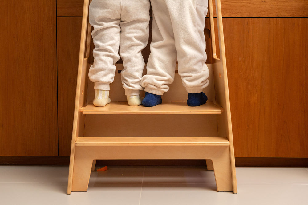 The two kids stand firmly on the top step of the wooden ladder